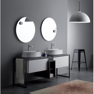 Frame badrumsmöbel 181 cm med grå metallram och trycköppnande lådor, matt vit med askgrå top