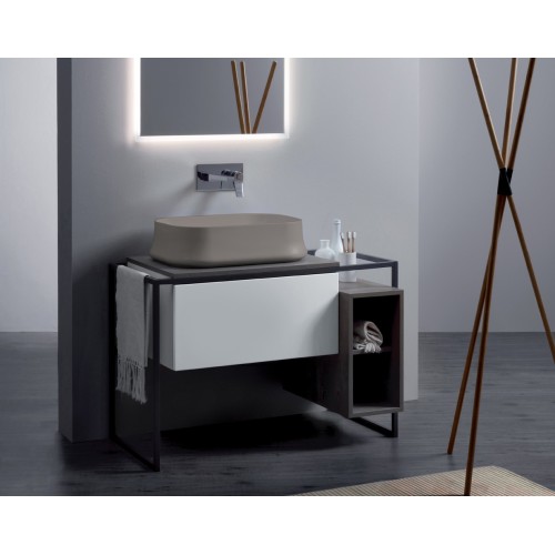 Frame badrumsmöbel 105 cm med grå metallram och trycköppnande låda, matt vit med askgrå top